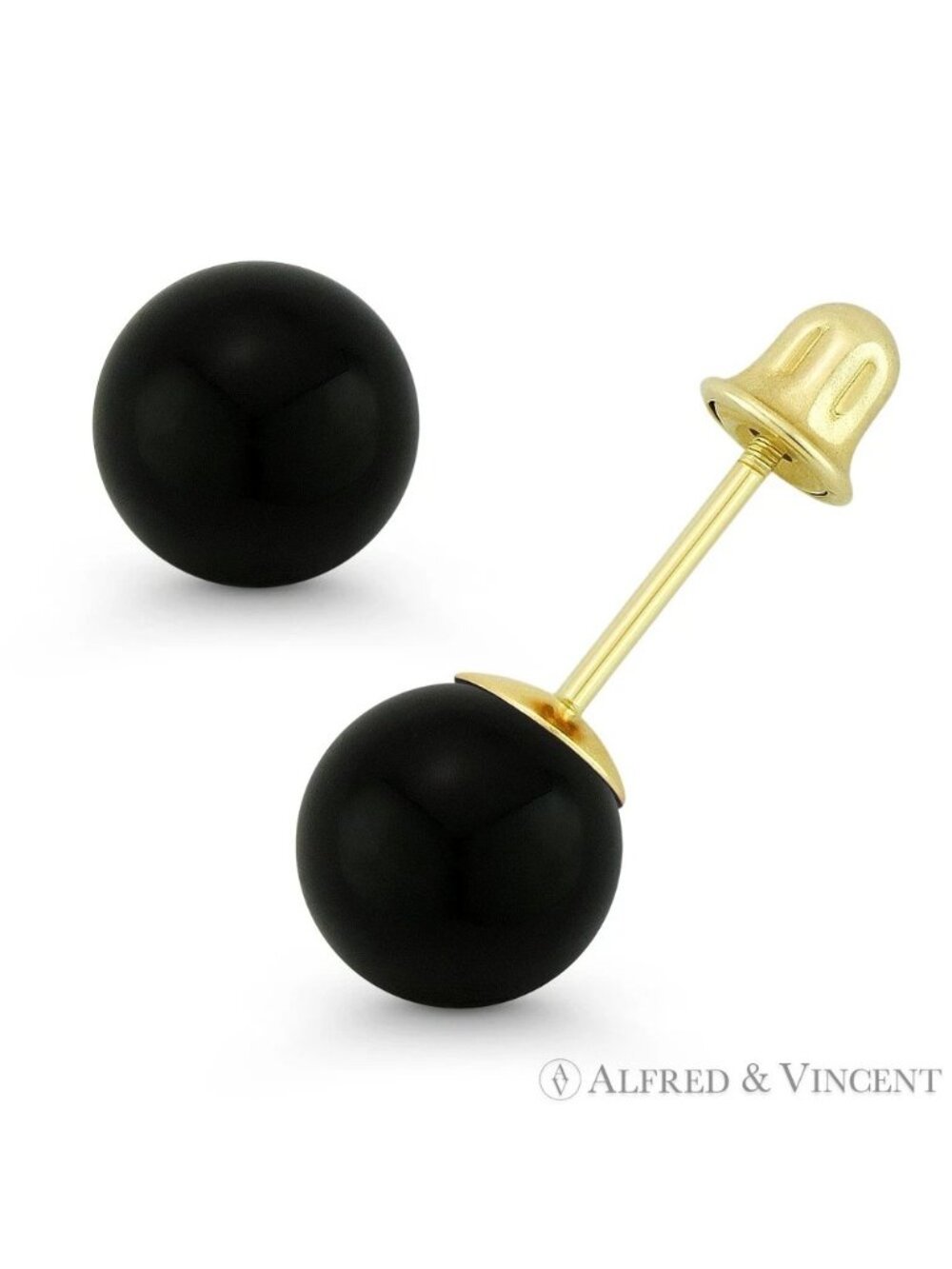 Black Onyx Ball Bell-Type Screwback Stud Earrings in 14k Yellow Gold